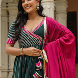 Dark Green Cotton Silk Gotta Work Anarkali Set