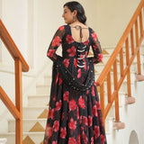 Night Black Chiffon Floral Printed Anarkali Set