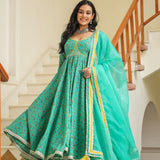 Turquoise Blue Cotton Floral Printed Anarkali Set