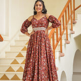 Maroon Cotton Floral Printed Gown Set