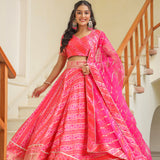 Bright Pink Brocade Silk Bandhani Printed Lehenga Set