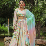 Multicolour Chinon Floral Printed Lehenga Set