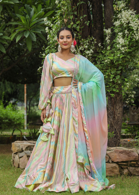 <img> Multicolour Chinon Floral Printed Lehenga Set