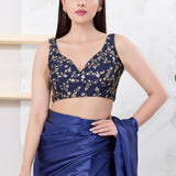 Navy Blue Silk Floral Embroidered Blouse