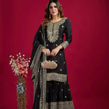 Black Embroidered Silk Floral Sharara Set