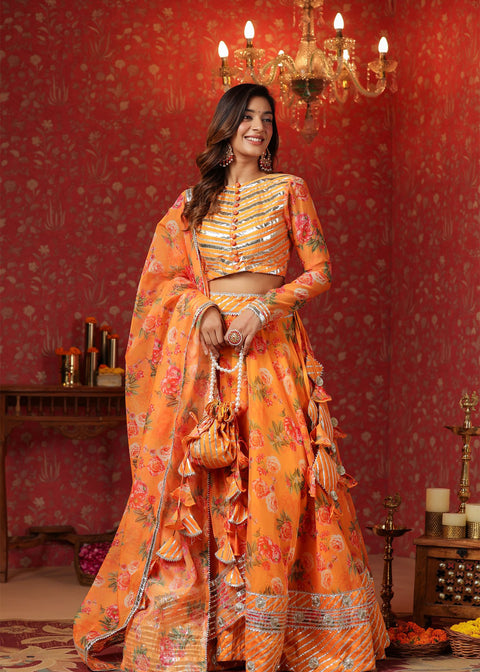 <img> Sunshade Orange Organza Floral Printed Lehenga Set