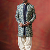 Blue Cotton Blend Printed Sherwani Set