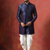 Navy Blue Jacquard Solid Sherwani Set