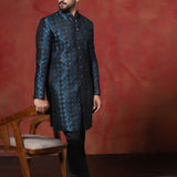 Prussian Blue Cotton Blend Printed Sherwani Set