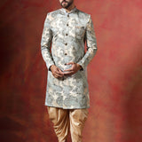 Ash Grey And Cream Printed Cotton Blend Sherwani Set