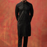 Black Silk Blend Embroidered Kurta Set