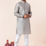 Silver Grey Printed Dupion Silk Kurta Set