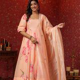 Peach Chanderi Floral Printed Anarkali Set