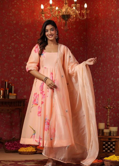 <img> Peach Chanderi Floral Printed Anarkali Set