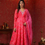 Bright Pink Chanderi Bandhani Printed Anarkali Set