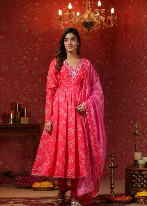 <img> Bright Pink Chanderi Bandhani Printed Anarkali Set