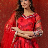 Deep Scarlet Red Organza Printed Anarkali Set
