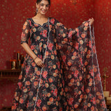 Woodsmoke Black Organza Floral Printed Anarkali Set