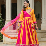 Pink And Yellow Cotton Silk Solid Anarkali Set