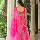 French Rose Organza Bandhani Printed Lehenga Set