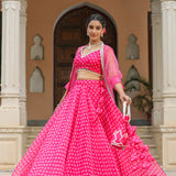 Bright Pink Organza Bandhani Printed Lehenga Set