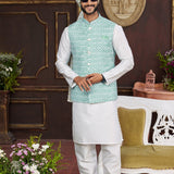 Milk White Art Banarasi Silk Kurta Set With Jacket