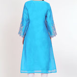 Capri Blue Raw Silk Floral Embroidered Kurti Set