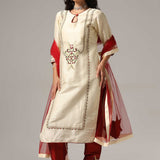 Cream Raw Silk Kurti With Pants And Netted Dupatta