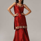 Maroon Raw Silk Kurti With Sharara And Dupatta