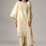 Cream Raw Silk Kurti With Palazzo Pants And Dupatta
