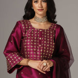 Purple Raw Silk Kurti With Palazzo Pants And Dupatta