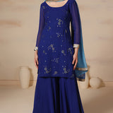 Blue Georgette Embroidered Sharara Kurti Set