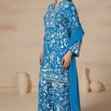 Aqua Blue Georgette Embroidered Kurti Set With Loose Pants