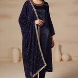 Dark Blue Soft Organza Hand Embroidered Kurti Set