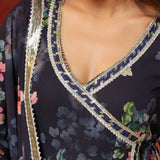 Dark Navy Blue Georgette Floral Printed Anarkali Set