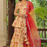 Cream Cotton Floral Printed Gharara Set