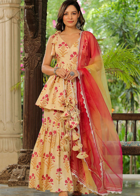 <img> Cream Cotton Floral Printed Gharara Set