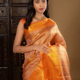 Bright Orange Floral Kanjivaram Silk Saree