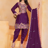 Purple Wine Floral Embroidered Silk Kurta Set