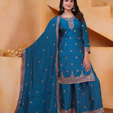 Teal Blue Silk Embroidered Sharara Set