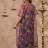 Bluish Grey Organza Floral Printed Indo-Western Co-Ord Set