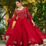 Red Faux Blooming Embroidered Anarkali Set With Slit