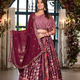 Wine Satin Printed Lehenga Set