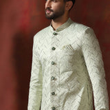 Pastel Green Cotton Blend Embroidered Sherwani Set