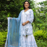 Bluish White Cotton Printed Sharara Set