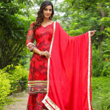 Rose Red Organza Abstract Printed Sharara Set