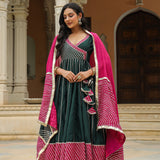 Dark Green Cotton Silk Gotta Work Anarkali Set