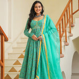 Turquoise Blue Cotton Floral Printed Anarkali Set