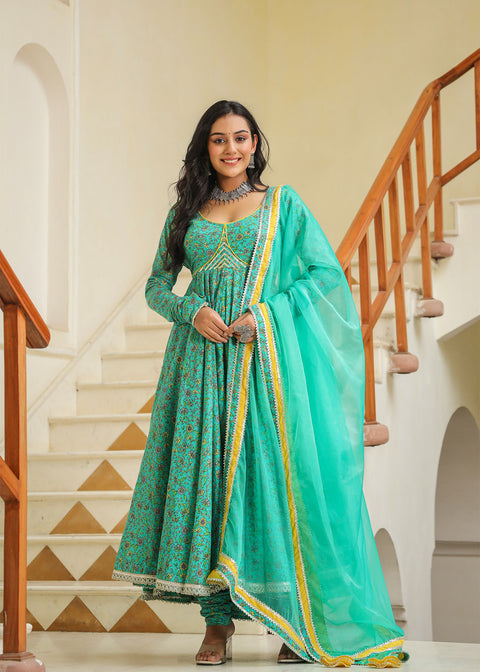 <img> Turquoise Blue Cotton Floral Printed Anarkali Set