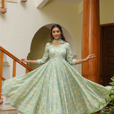 Mint Green Cotton Floral Printed Anarkali Set
